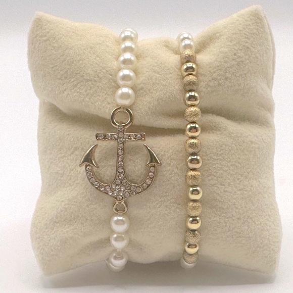 Nautical Anchor Pearl Bead Stretch Bracelet‎ Set - Picture 1 of 4